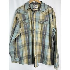 Cody James Mens Shirt Long‎ Sleeve XLarge Pearl Snaps Green Blue Beige Plaid